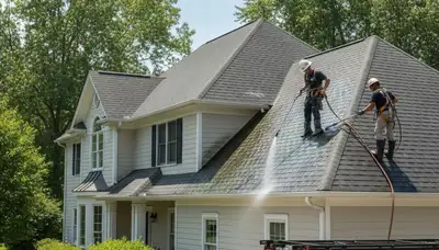Professional roof cleaning service in Greenville, NC removing algae and moss on a residential roof