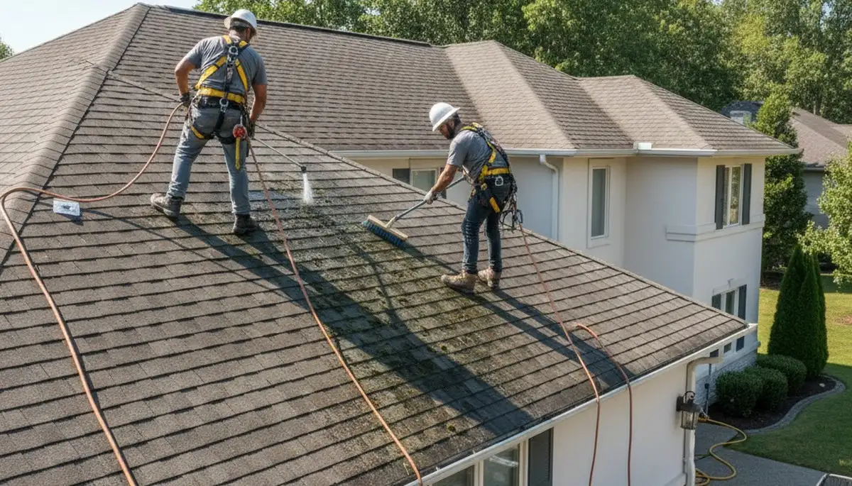 Roof cleaning service in Greenville, NC removes algae and moss from a home roof