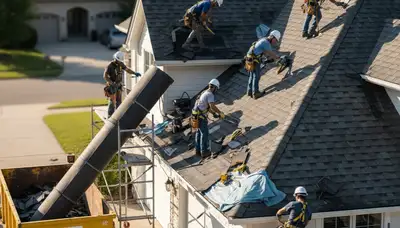 Greenville, NC roofing crew replacing an aging roof on a home with professional exterior service