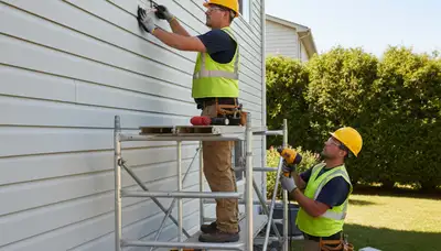 Vinyl siding repair crew in Greenville, NC fixing damaged siding on a home